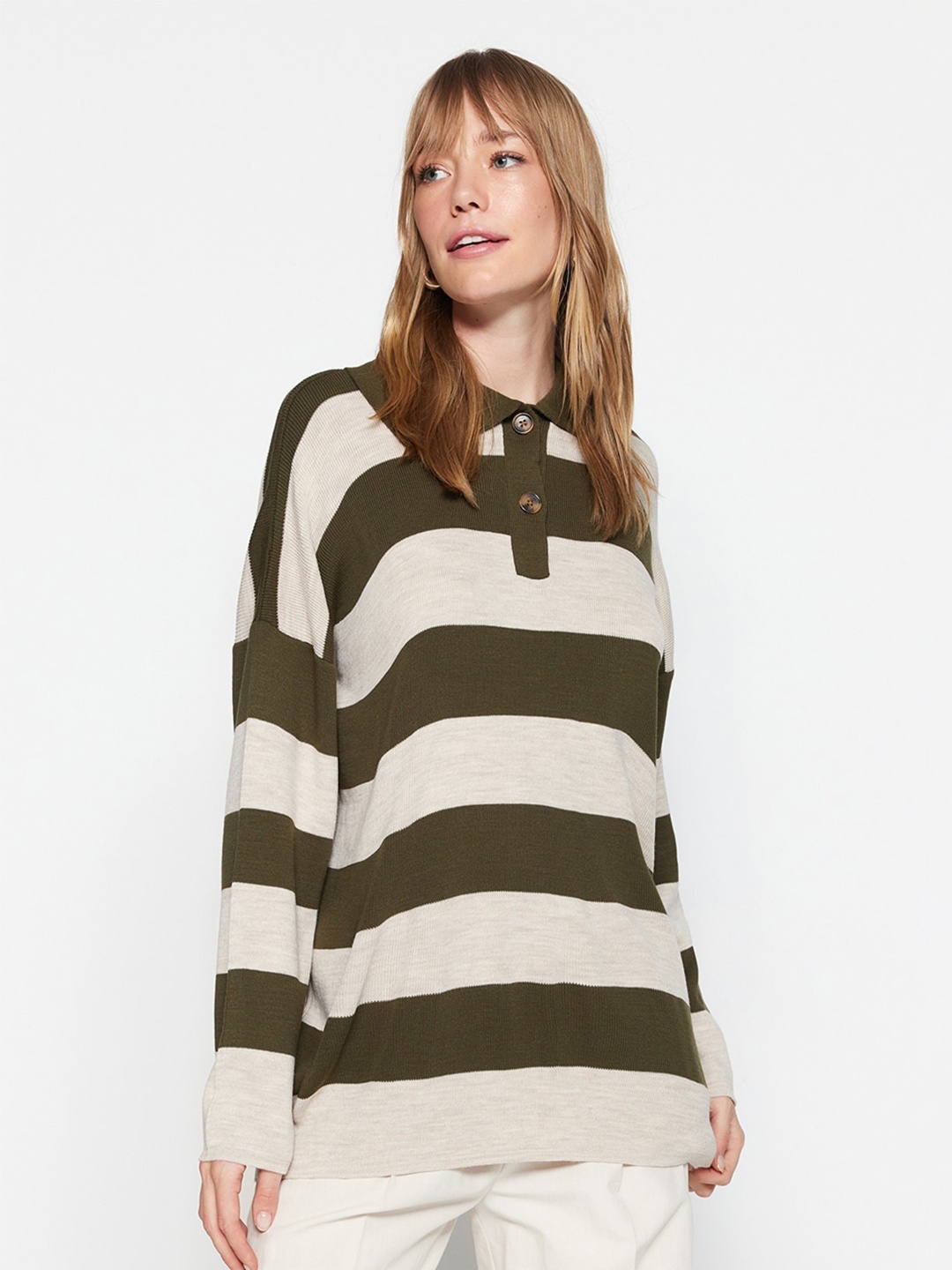 

Trendyol Striped Spread Collar Pure Acrylic Pullover, Khaki