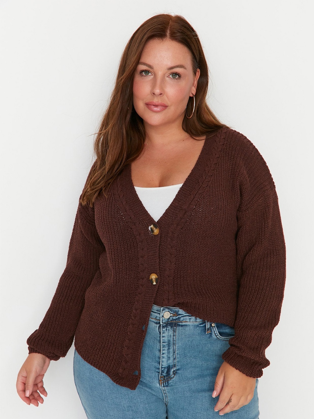 

Trendyol Cable Knit V-Neck Cardigan Sweater, Brown