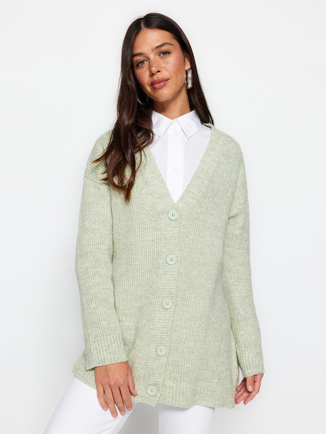 

Trendyol V-Neck Ribbed Longline Cardigan, Green
