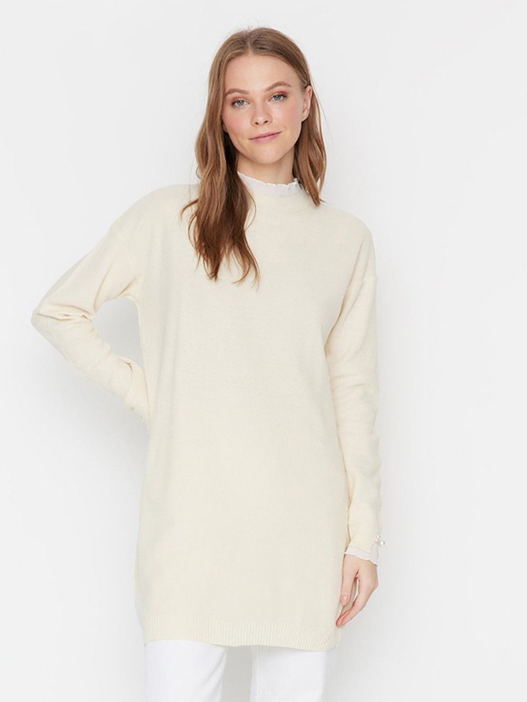 

Trendyol High-Neck Pure Acrylic Longline Pullover, Beige