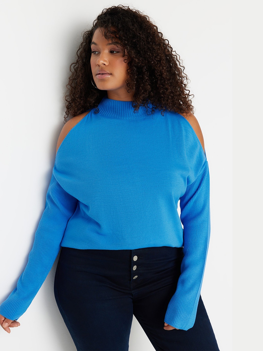 

Trendyol Plus Size Ribbed Cold Shoulder Pullover, Blue