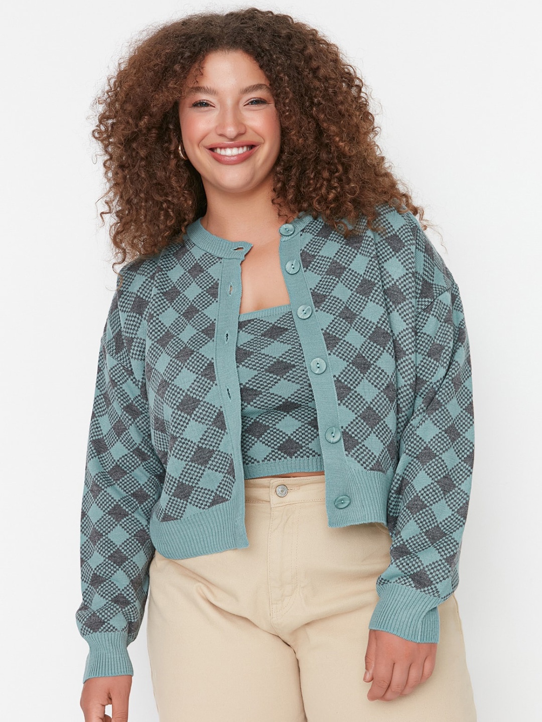 

Trendyol Checked Acrylic Crop Cardigan, Teal