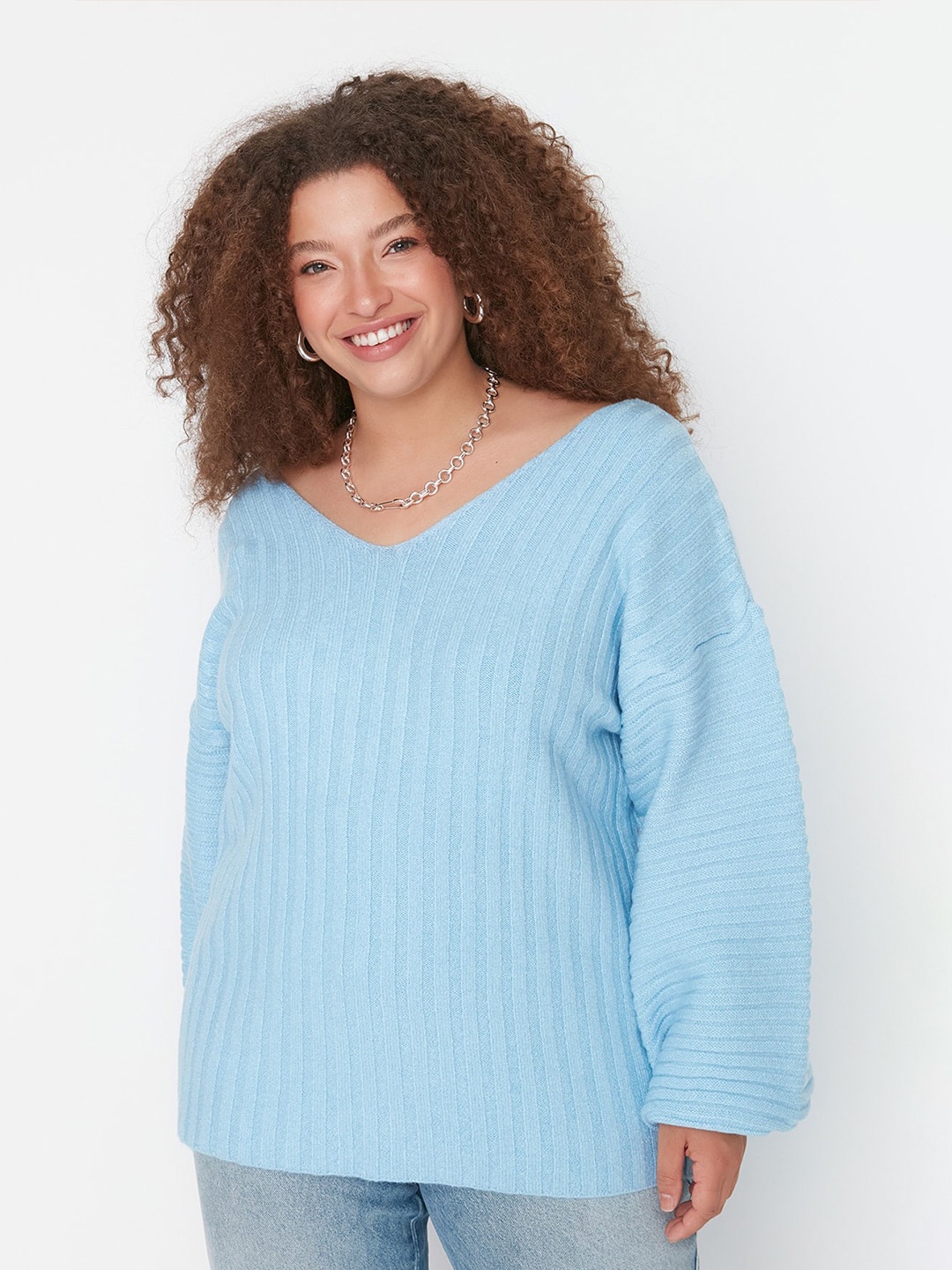

Trendyol Plus Size Striped V-Neck Long Sleeves Pullover, Blue
