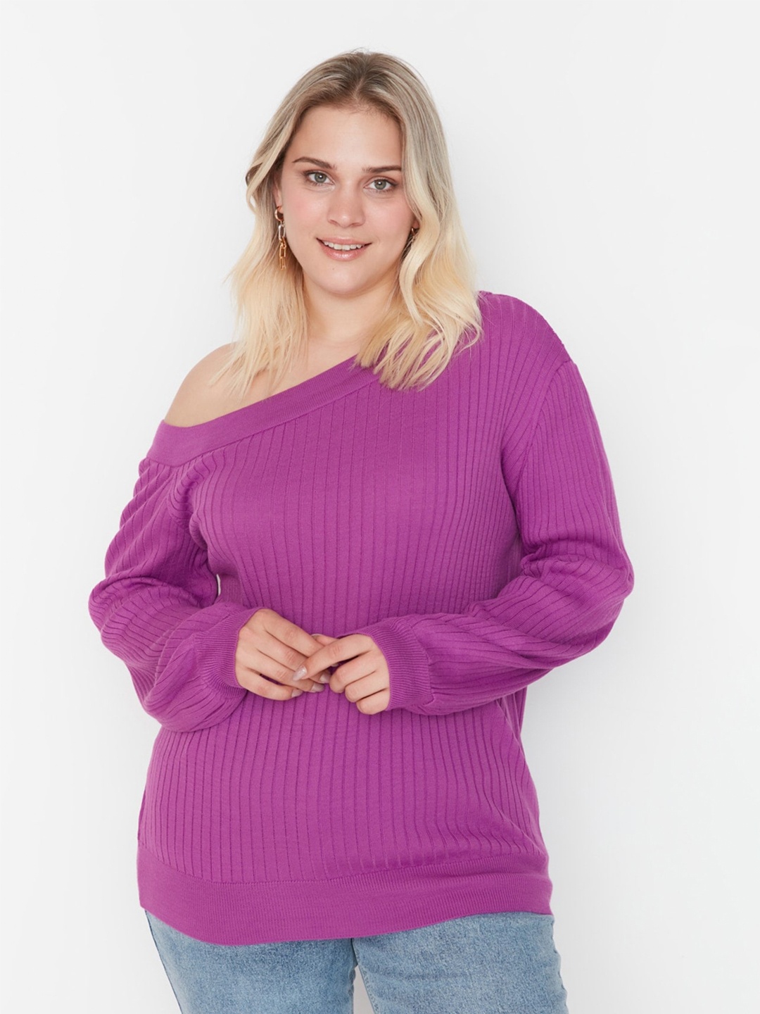 

Trendyol Ribbed Off Shoulder Acrylic Pullover Sweater, Purple