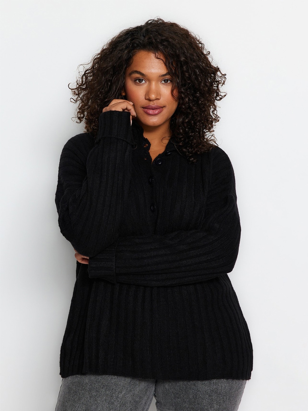 

Trendyol Striped Front Open Sweater, Black
