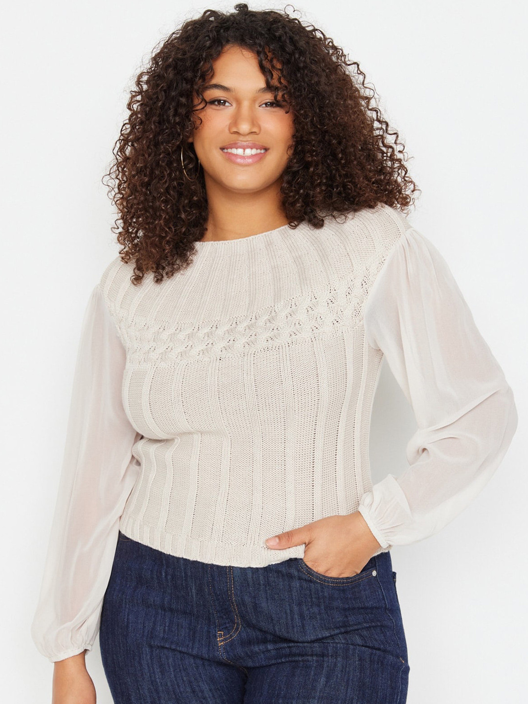 

Trendyol Plus Size Striped Round Neck Acrylic Longline Pullover Sweaters, White
