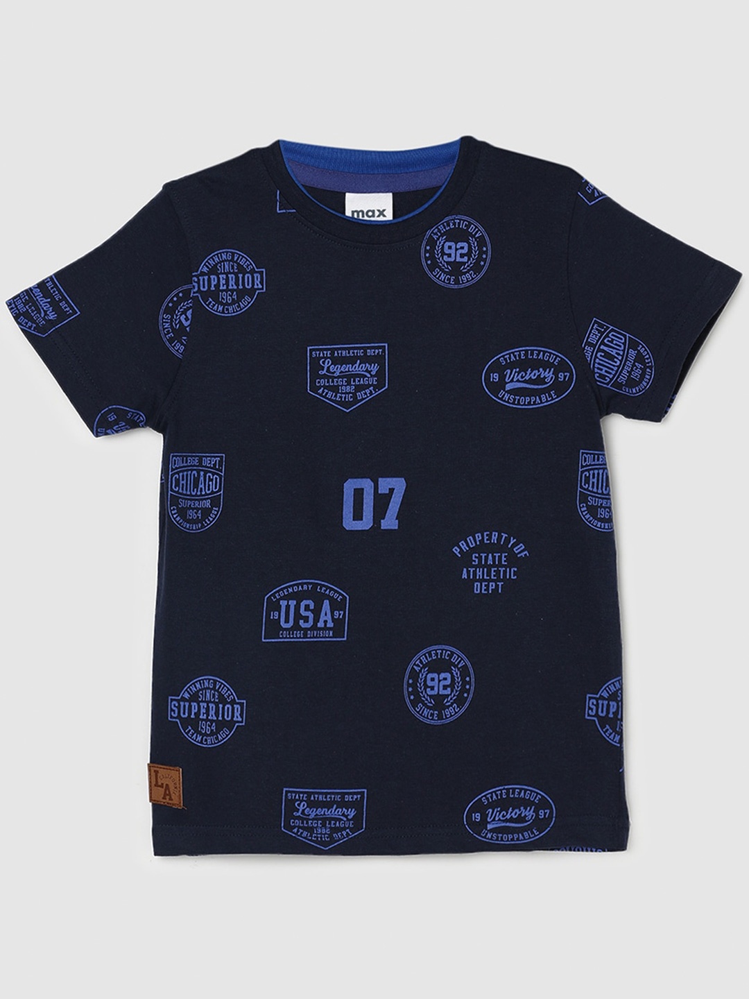 

max Boys Typography Printed Pure Cotton T-shirt, Navy blue