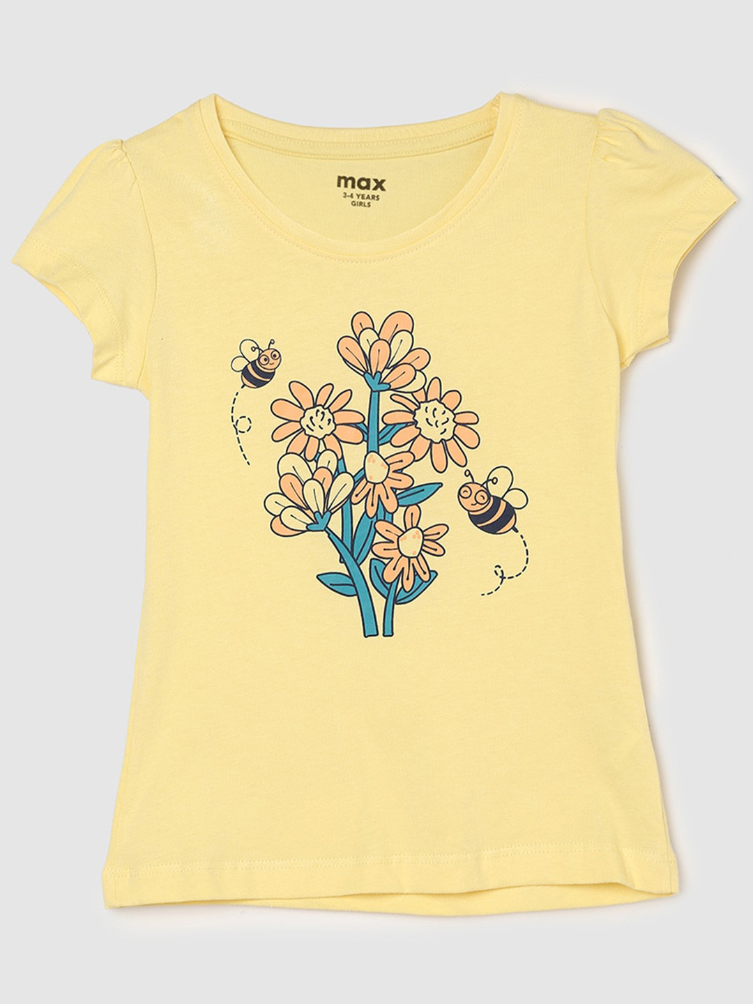 

max Girls Printed Round Neck Cotton T-shirt, Yellow