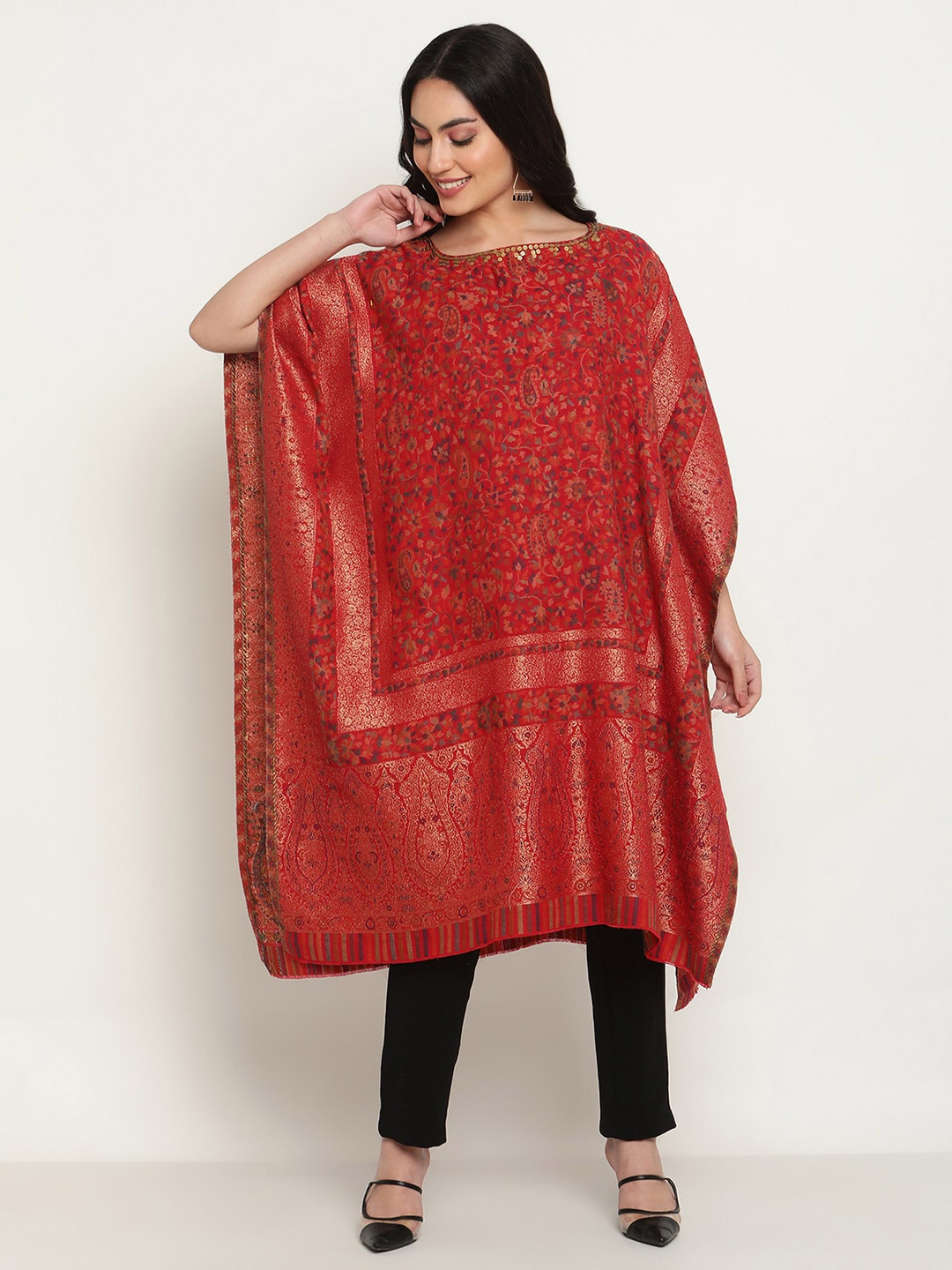 

La Vastraa Ethnic Motifs Printed Woollen Kaftan Kurta, Red