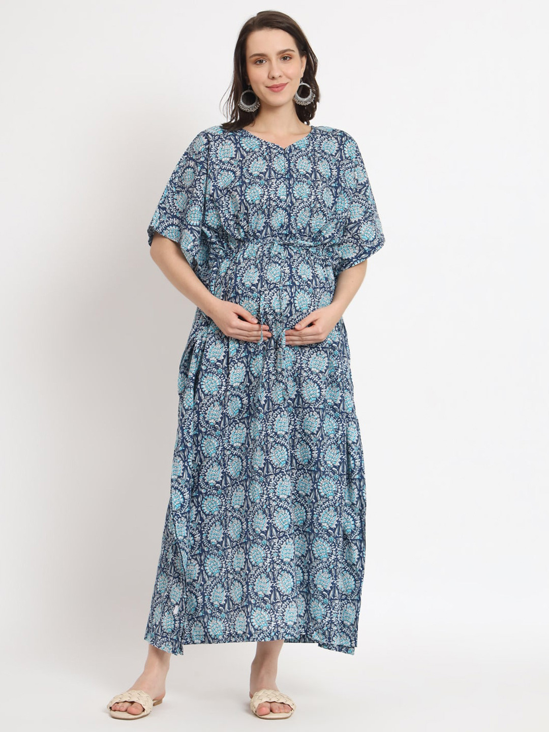 

Aujjessa Ethnic Motifs Printed Maternity Kaftan Cotton Dress, Blue