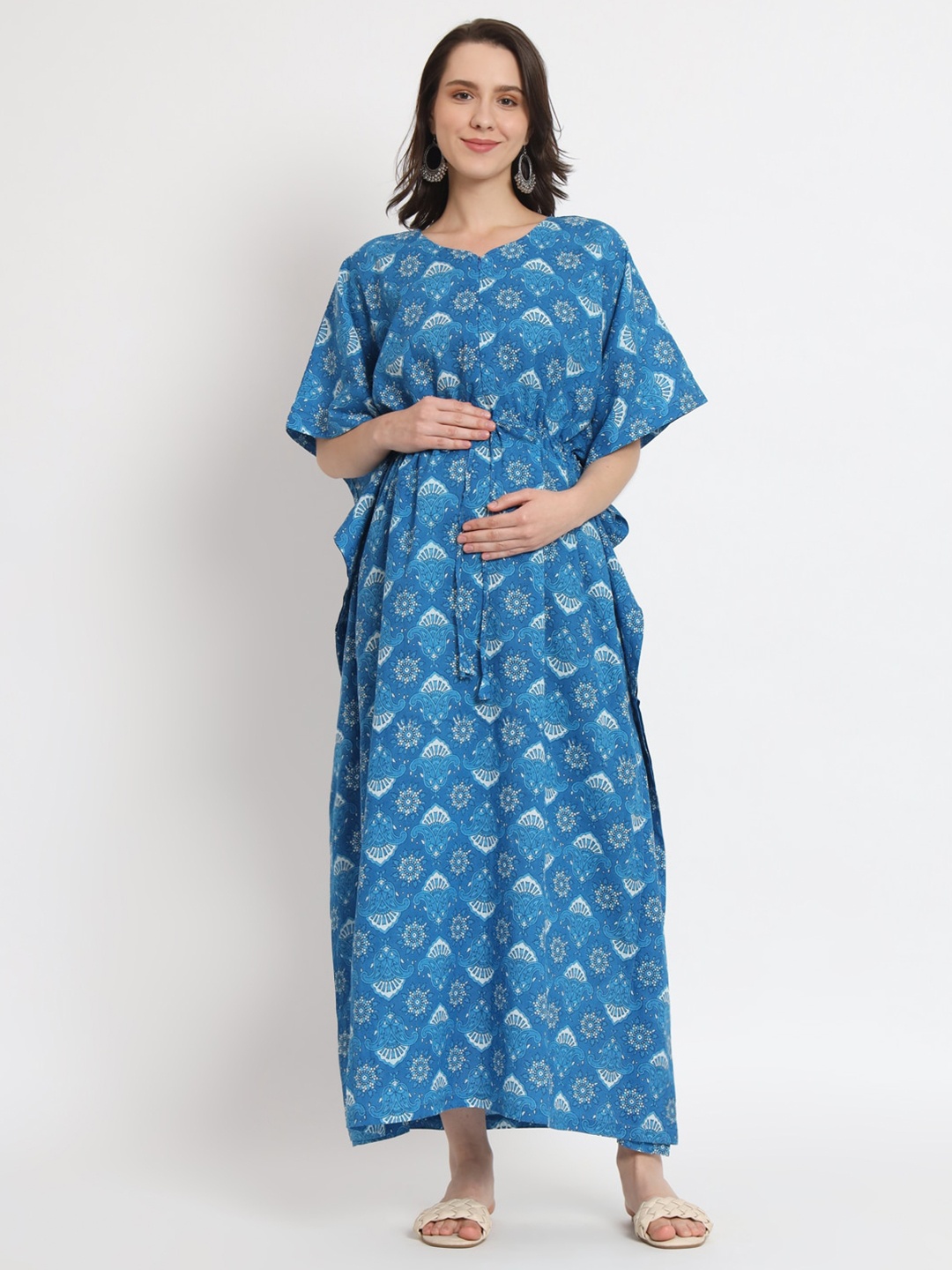 

Aujjessa Ethnic Motif Print Flared Sleeve Maternity Kaftan Maxi Dress, Turquoise blue