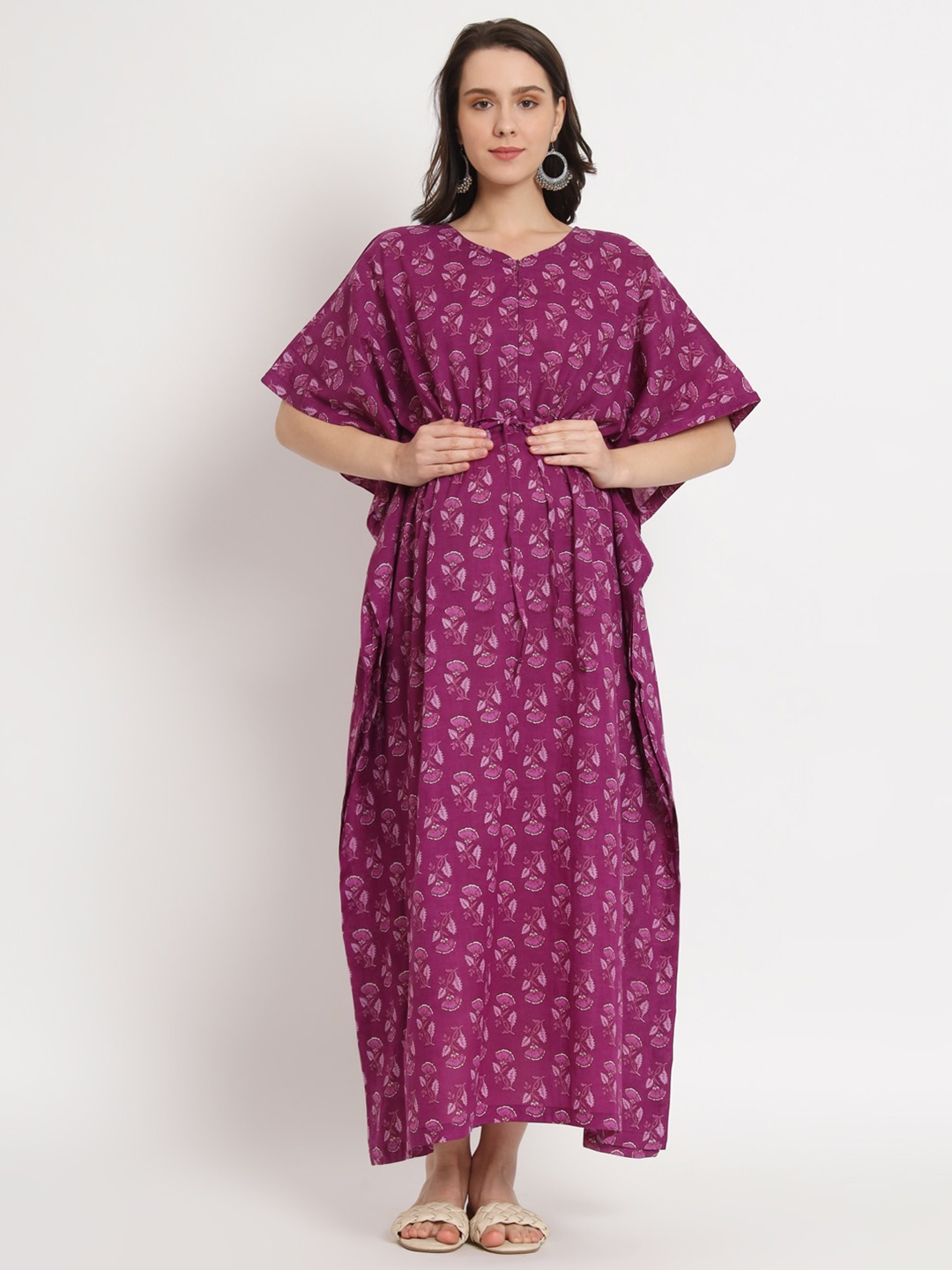 

Aujjessa Floral Printed Flared Sleeve Maternity Kaftan Maxi Dress, Purple