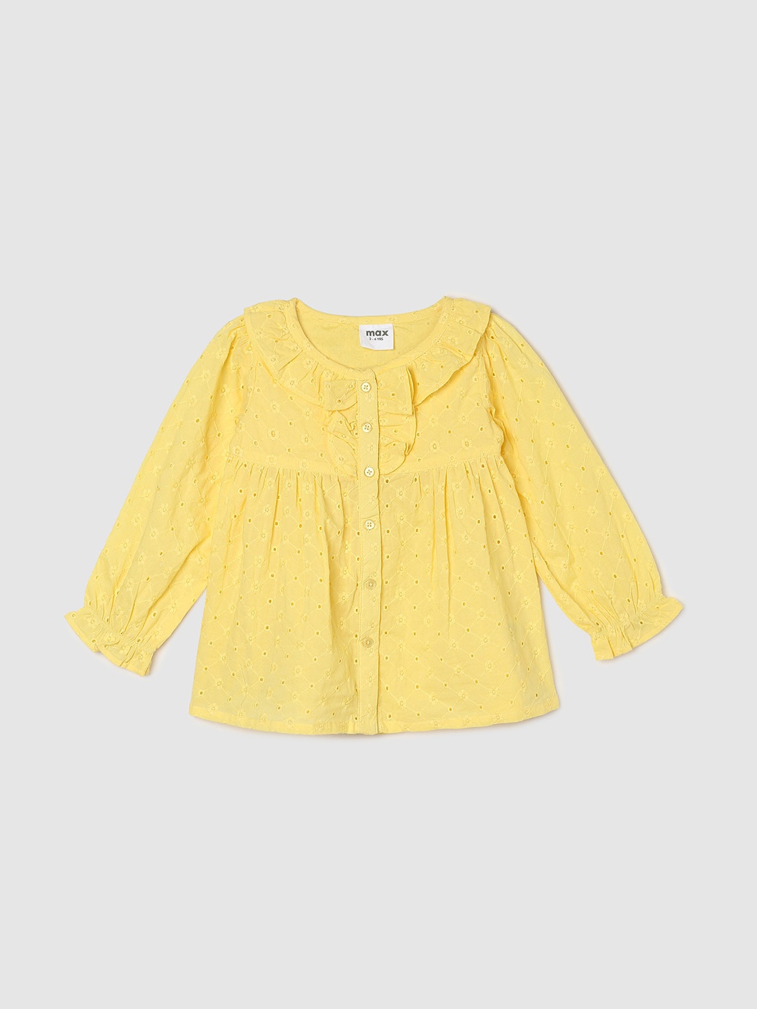 

max Girls Self Design Peter Pan Collar Puff Sleeve Schiffli Pure Cotton Shirt Style Top, Yellow