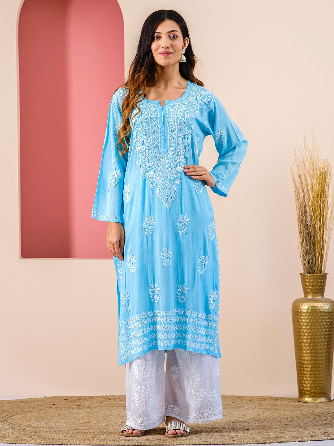 

Chowkhat Chikankari Embroidered Straight Kurta, Blue