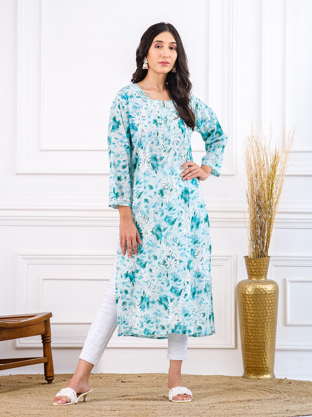 

Chowkhat Floral Printed Pure Cotton Chikankari Kurta, Sea green