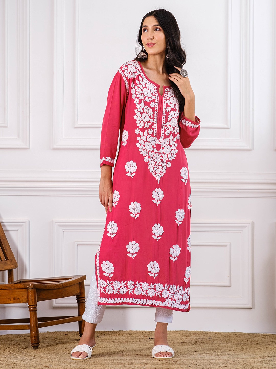 

Chowkhat Ethnic Motifs Embroidered Modal Straight Kurta, Pink