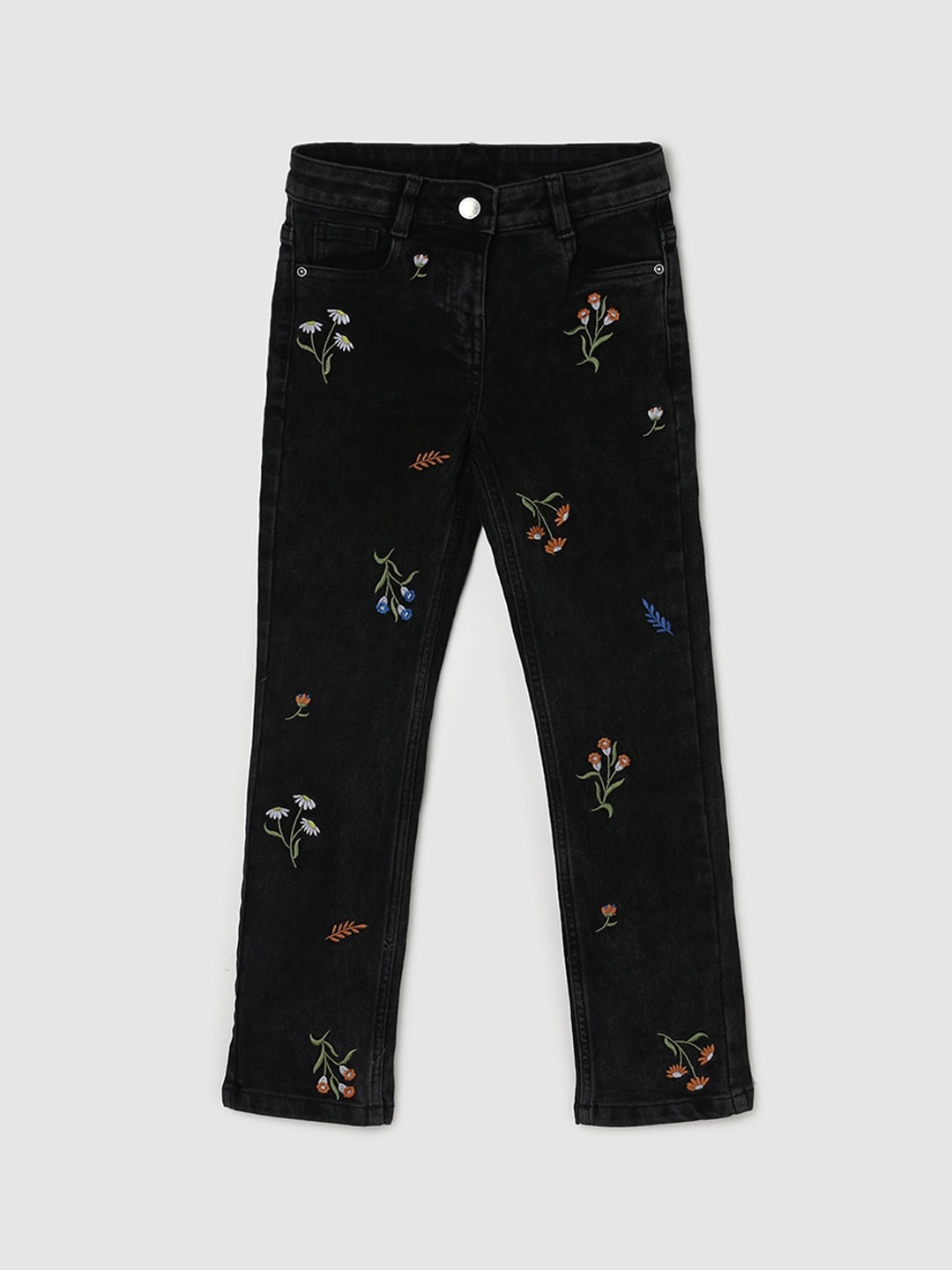 

max Girls Mid-Rise Floral Embroidered Pure Cotton Jeans, Black