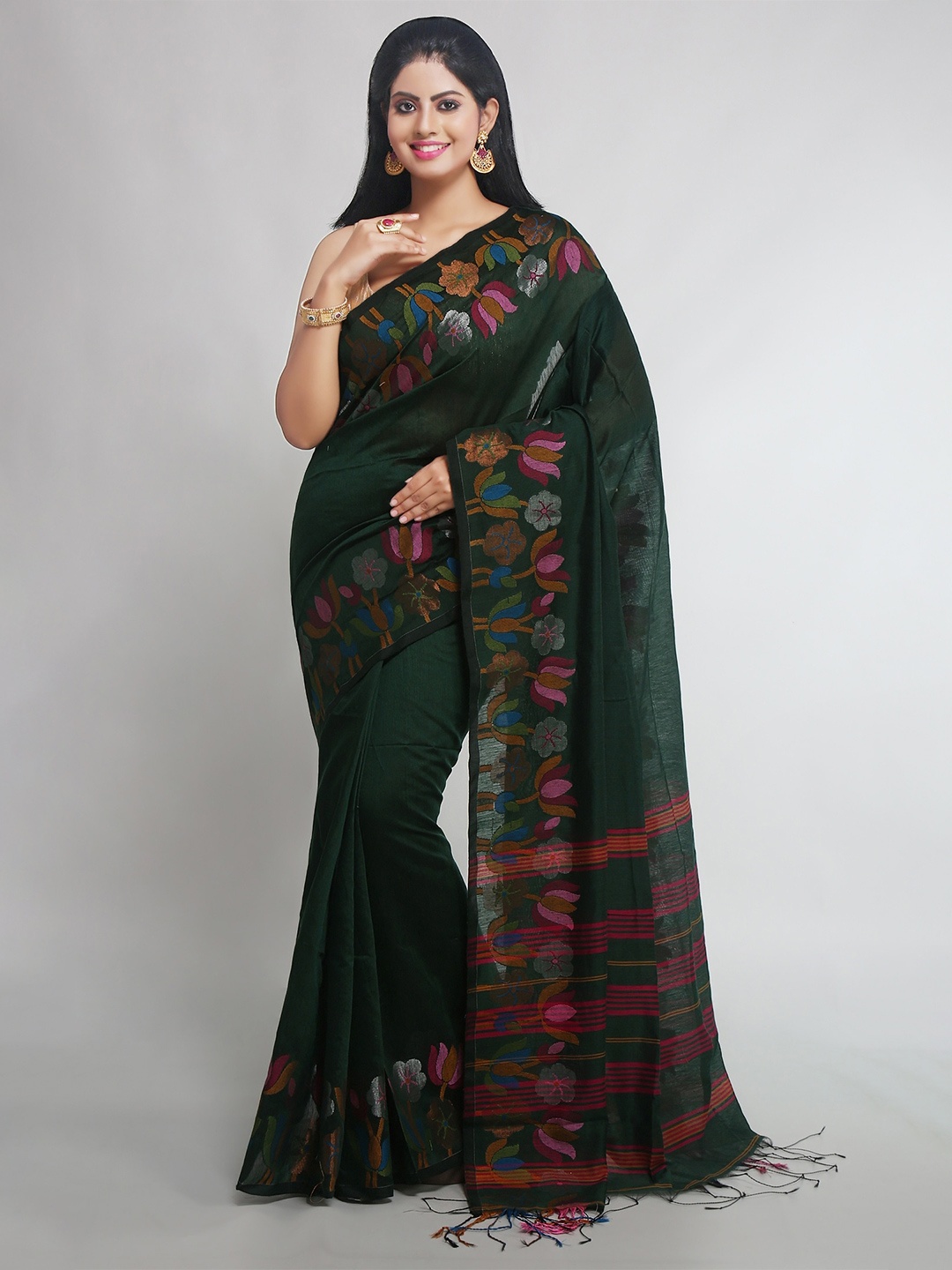 

WoodenTant Ethnic Motifs Printed Silk Cotton Saree, Green