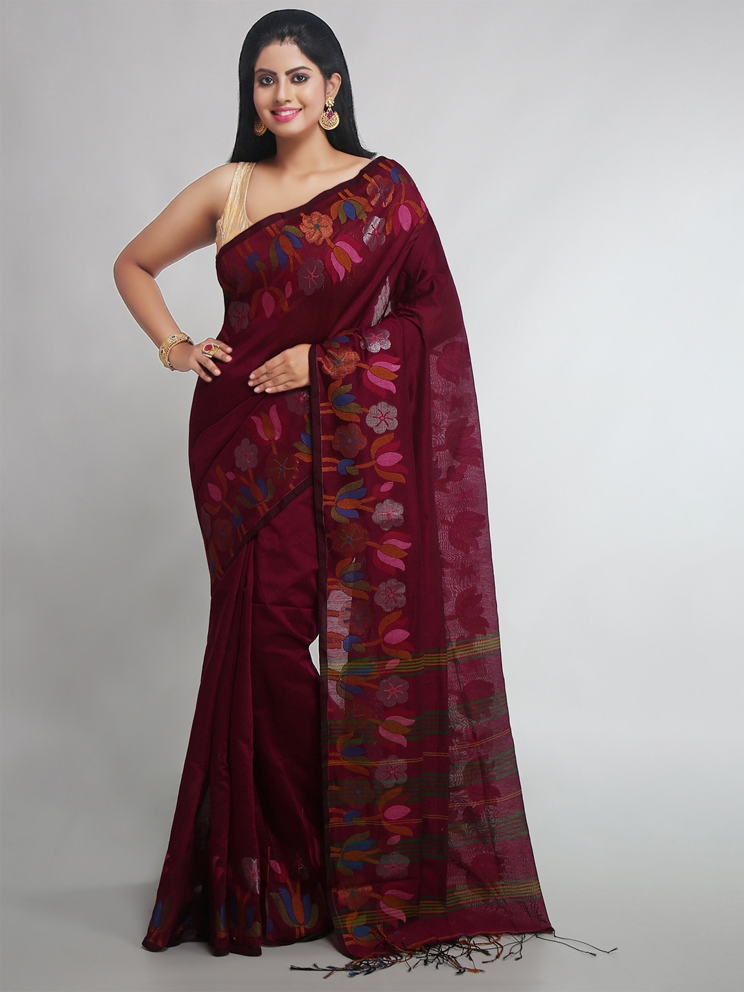 WoodenTant Ethnic Motifs Printed Silk Cotton Saree, Magenta