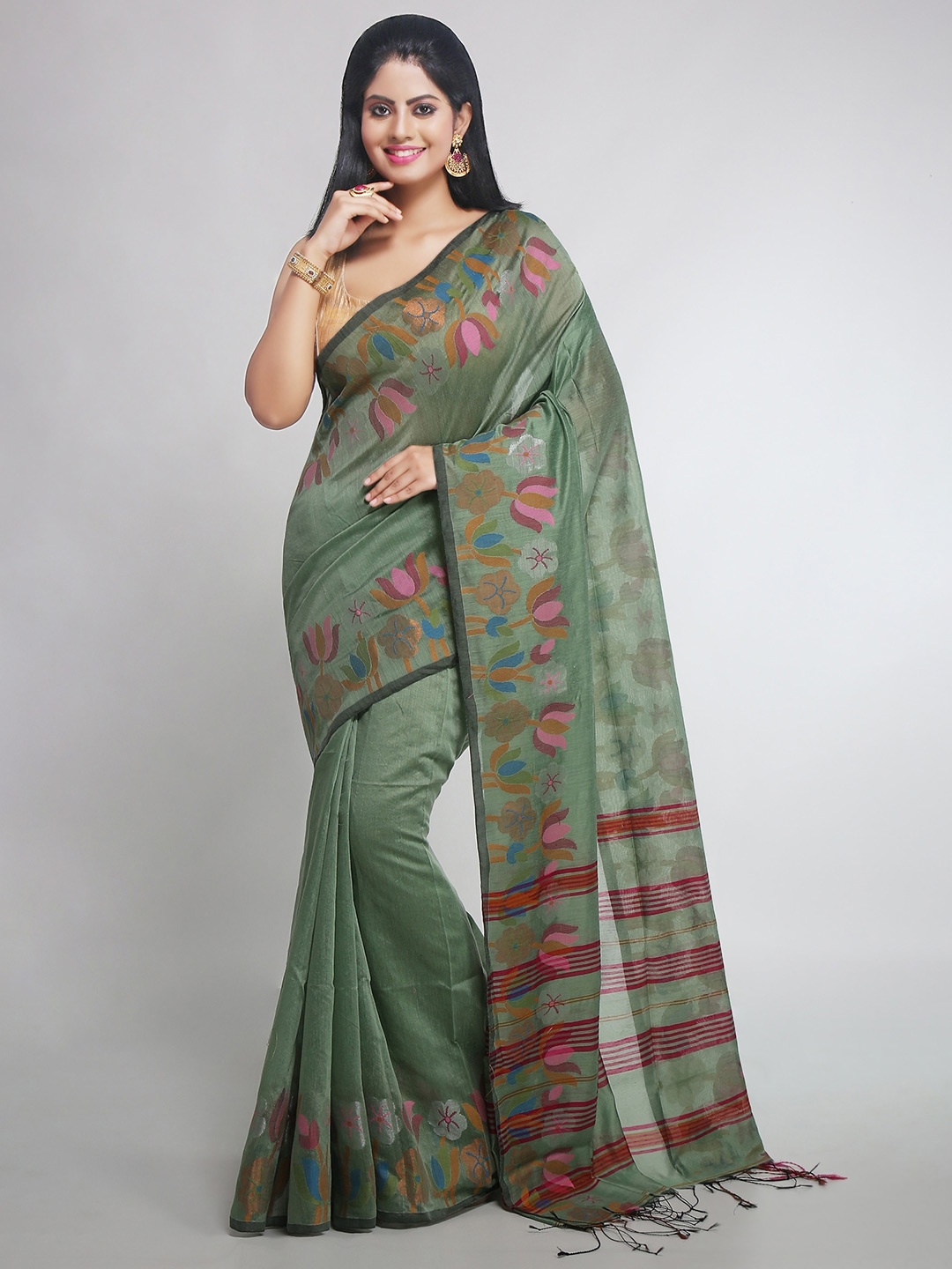 

WoodenTant Woven Design Zari Silk Cotton Jamdani Saree, Sea green