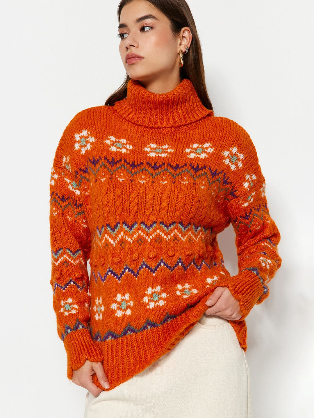 

Trendyol Cable Knit Turtle Neck Pullover, Orange