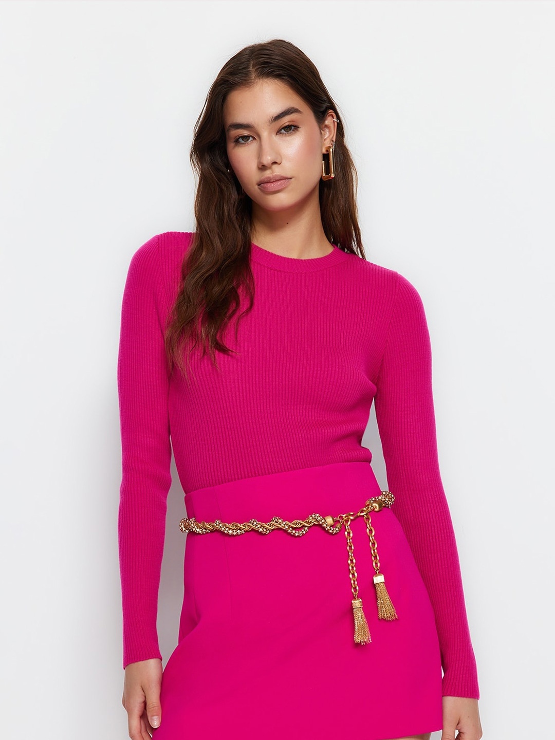 

Trendyol Ribbed Round Neck Long Sleeve Acrylic Pullover Sweaters, Pink
