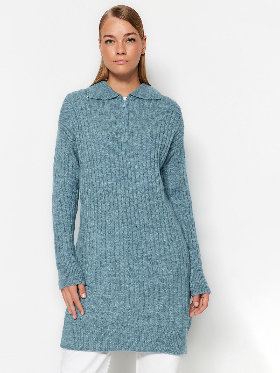

Trendyol Ribbed Shirt Collar Longline Pullover, Blue