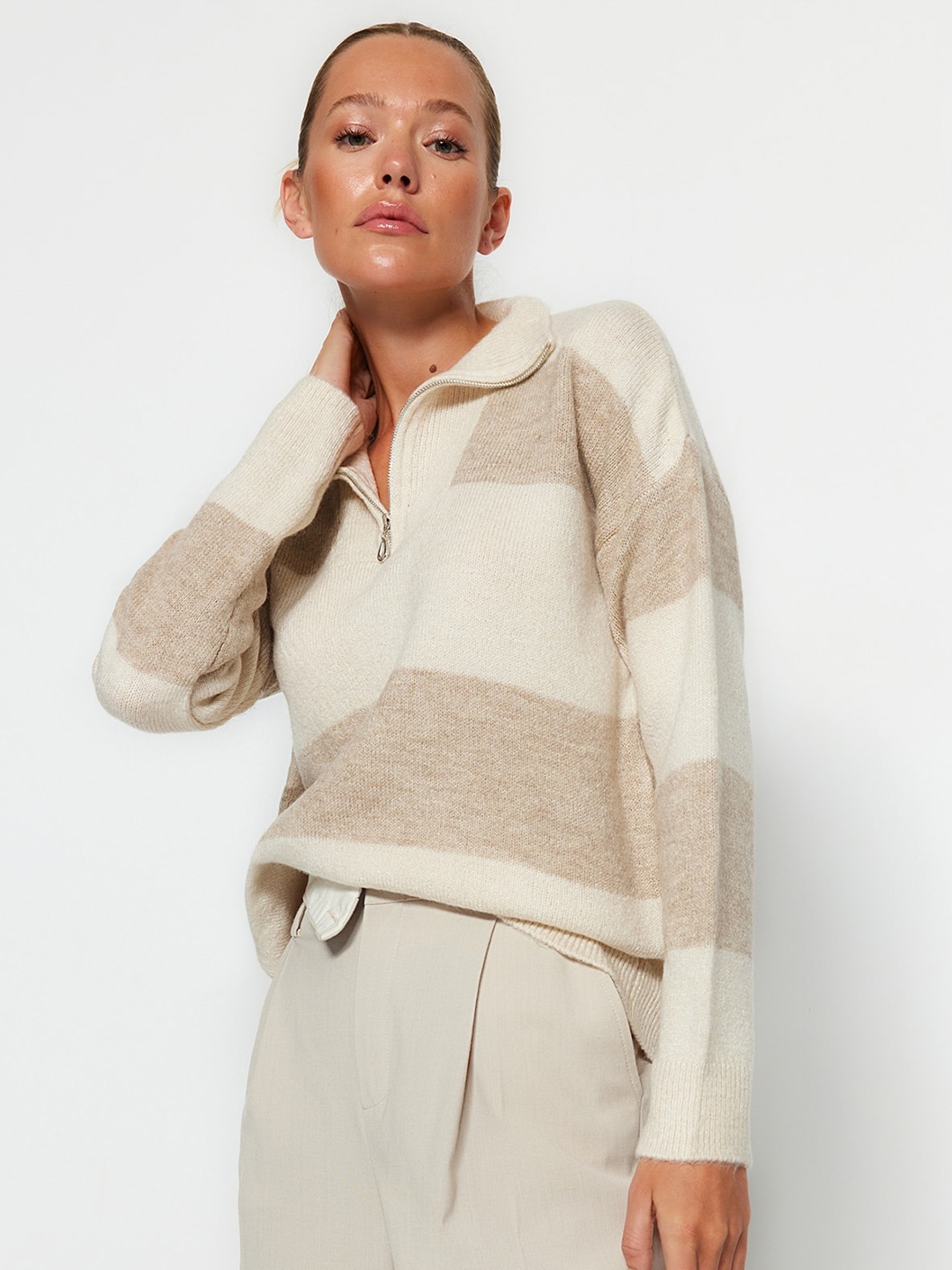 

Trendyol Colourblocked Ribbed Half Zipper Pullover, Beige