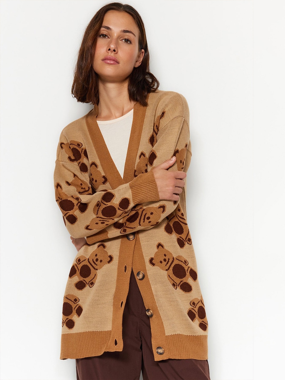 

Trendyol Conversational Printed Longline Cardigan, Beige