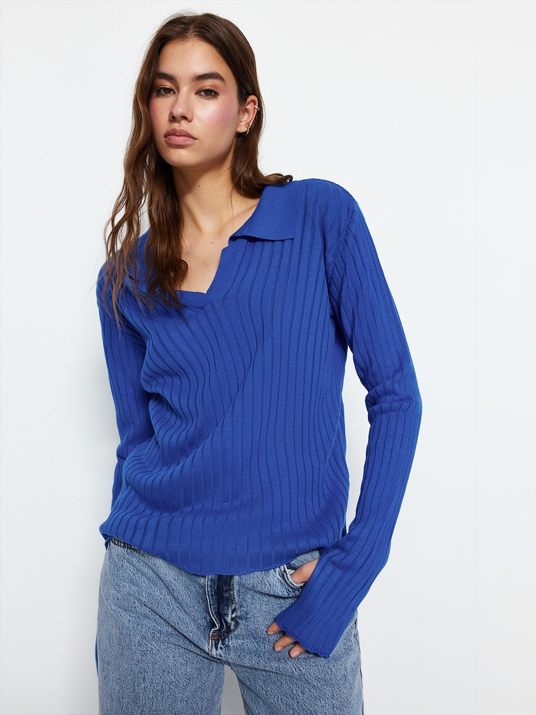 

Trendyol Ribbed Shirt Collar Acrylic Pullover, Blue