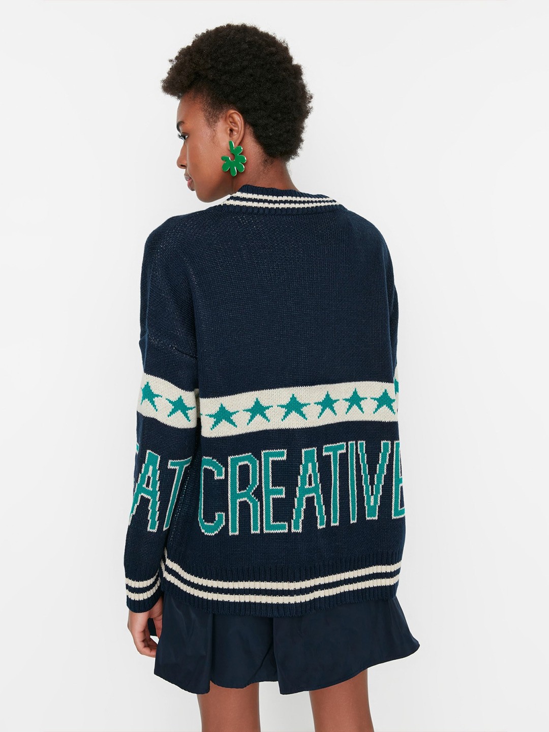 

Trendyol Typography Self Design Acrylic Pullover Sweaters, Navy blue