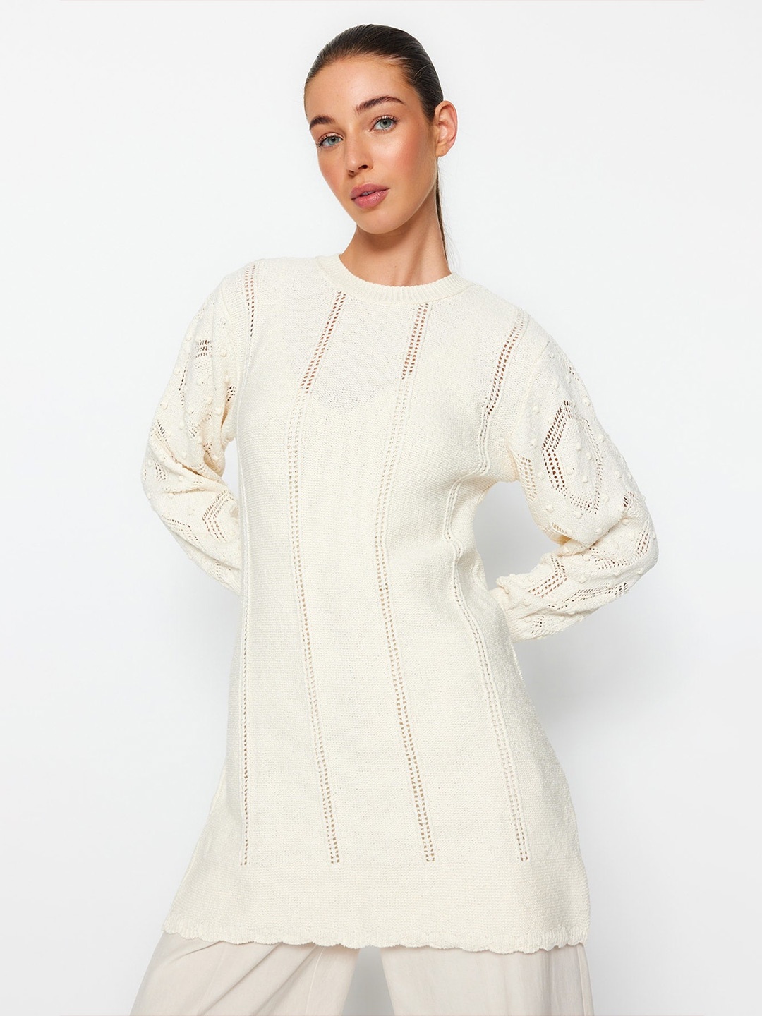 

Trendyol Open Knit Self Design Longline Acrylic Pullover Sweater, Off white