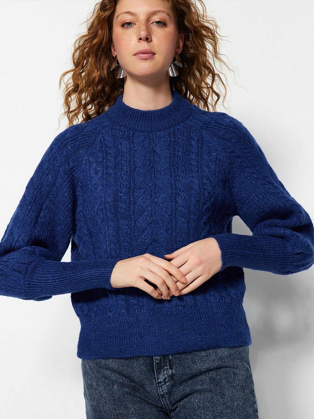 

Trendyol Cable Knit Self Design Mock Collar Acrylic Pullover Sweater, Blue