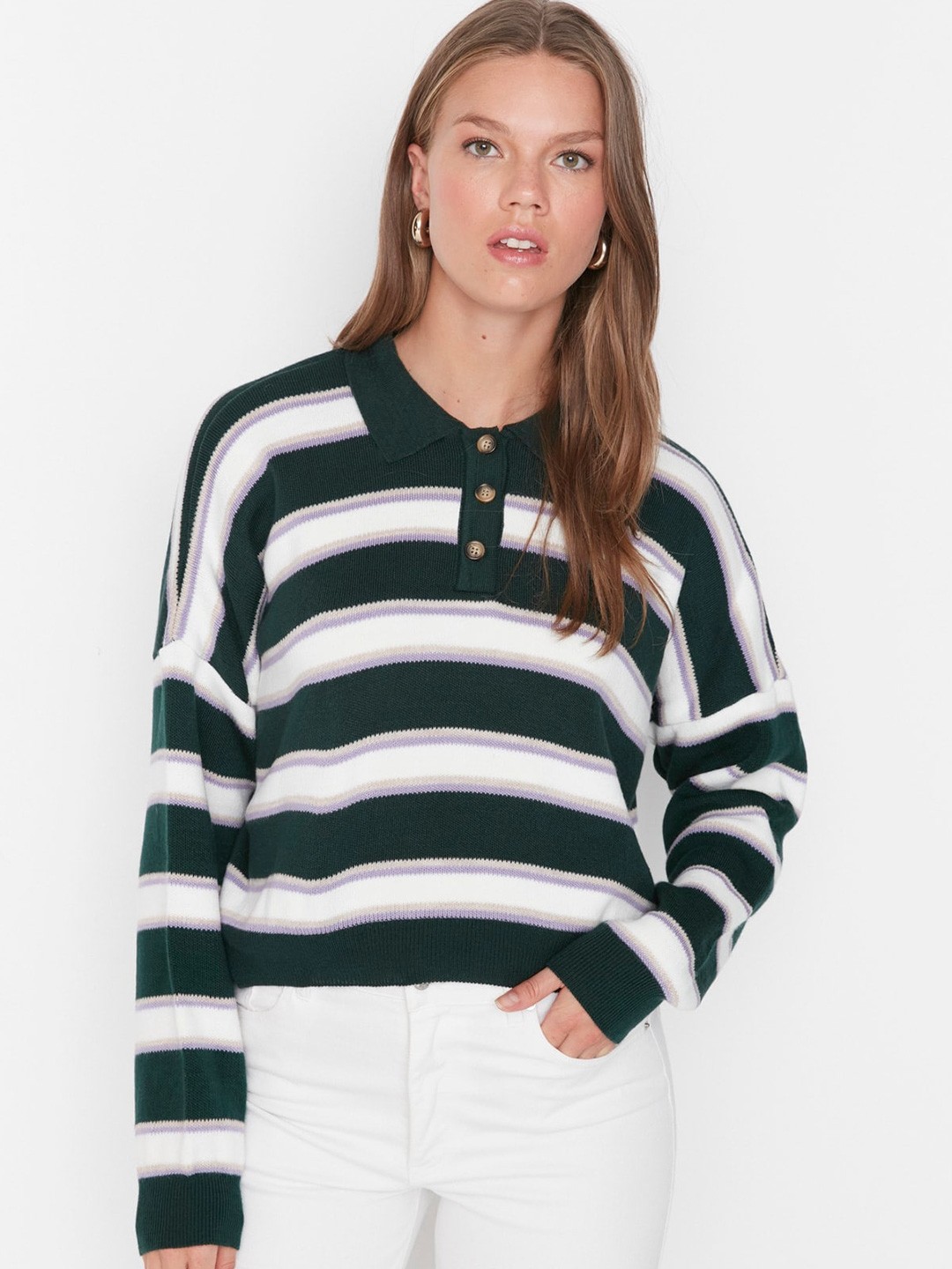 

Trendyol Striped Drop Shoulder Sleeves Crop Pullover, Green