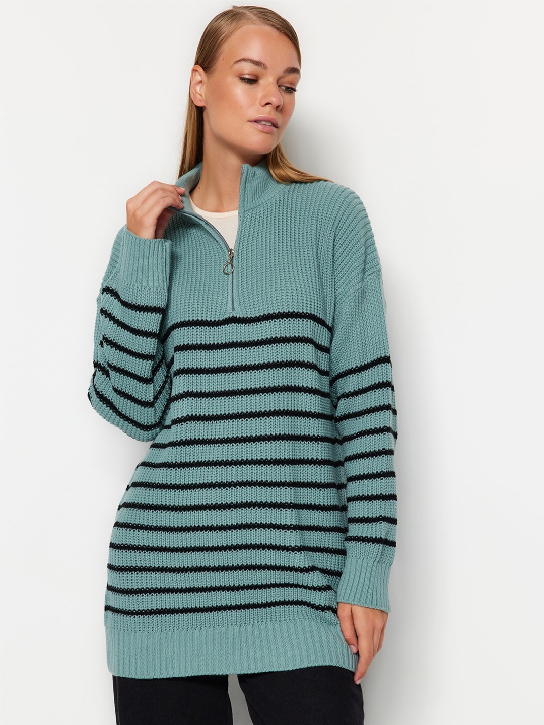 

Trendyol Striped Mock Collar Acrylic Pullover Sweater, Green