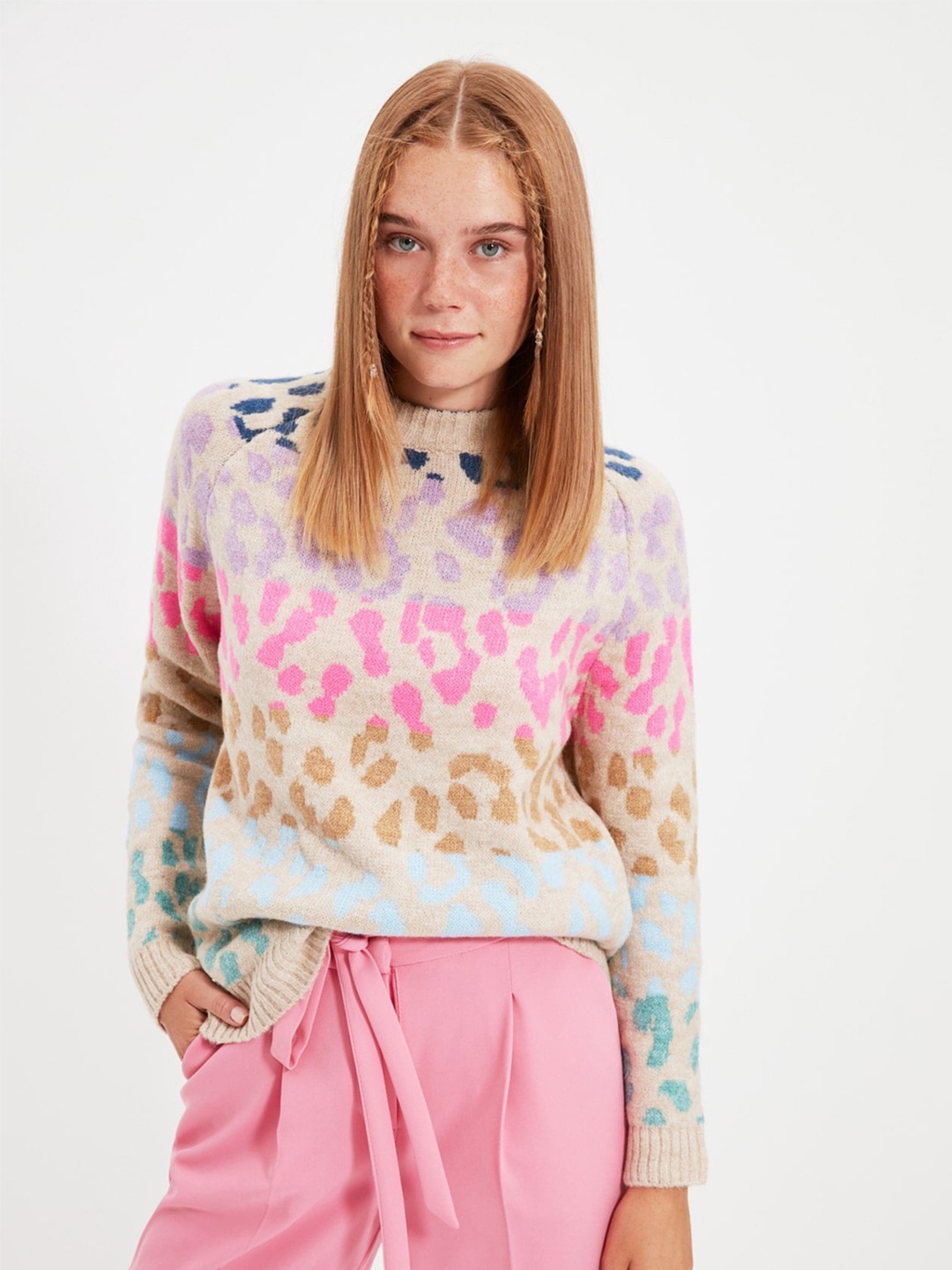 

Trendyol Animal Printed High Neck Pullover, Beige