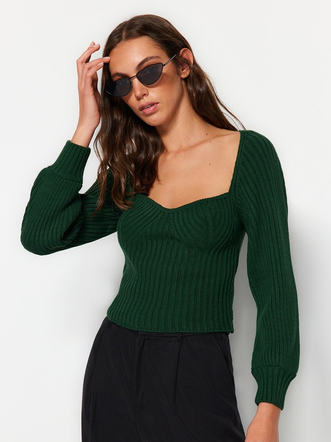 

Trendyol Ribbed Sweetheart Acrylic Pullover, Green