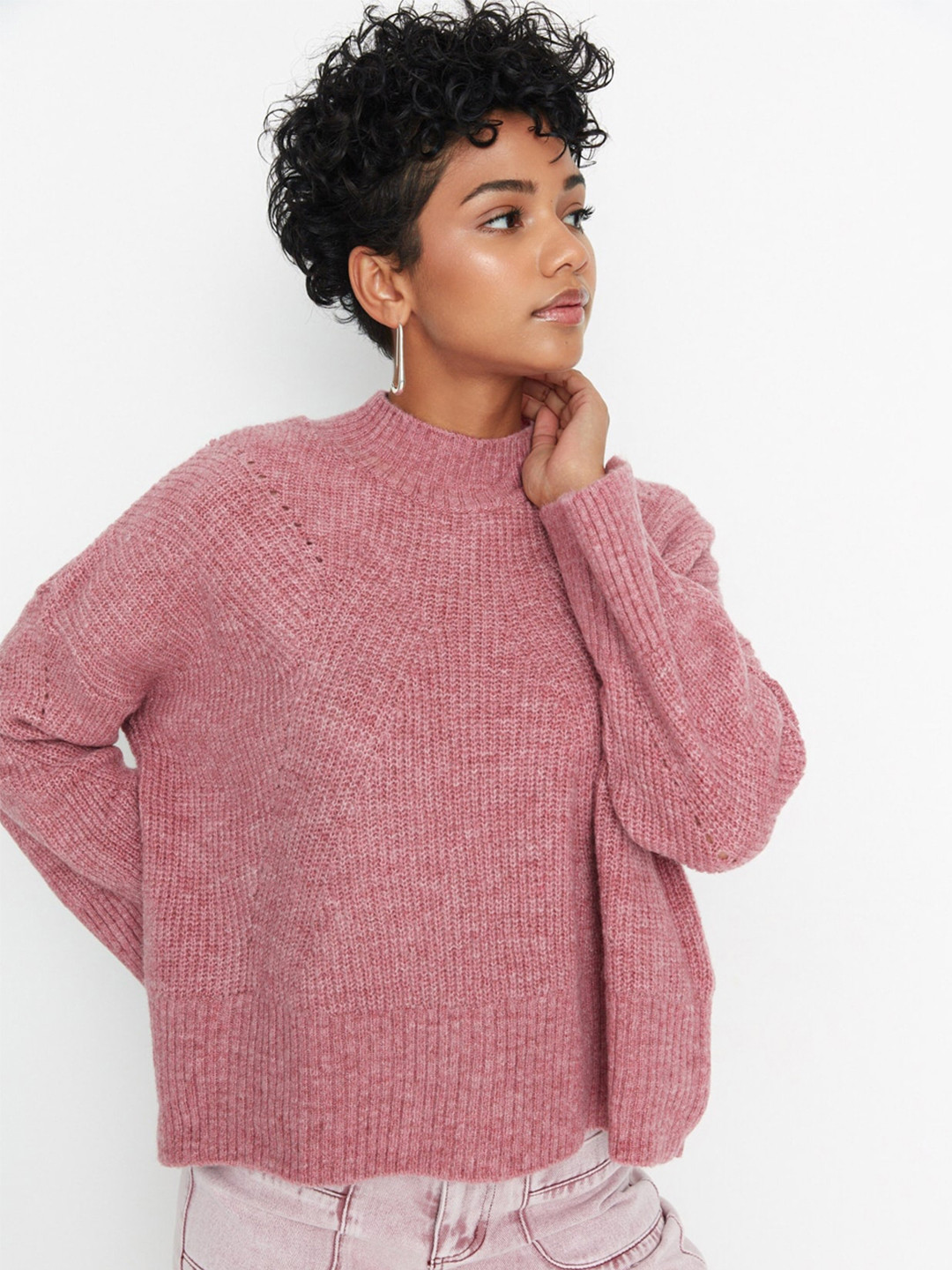 

Trendyol Self Design Cable Knit Crop Pullover, Pink
