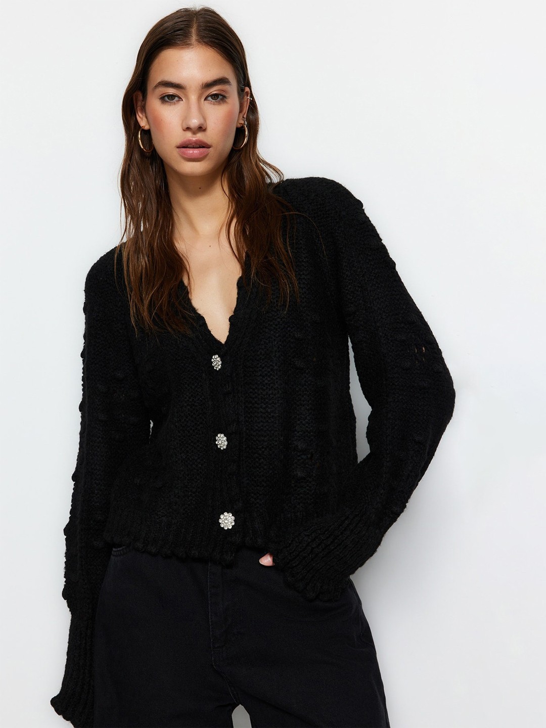 

Trendyol Open Knit Ribbed Front-Open Sweaters, Black