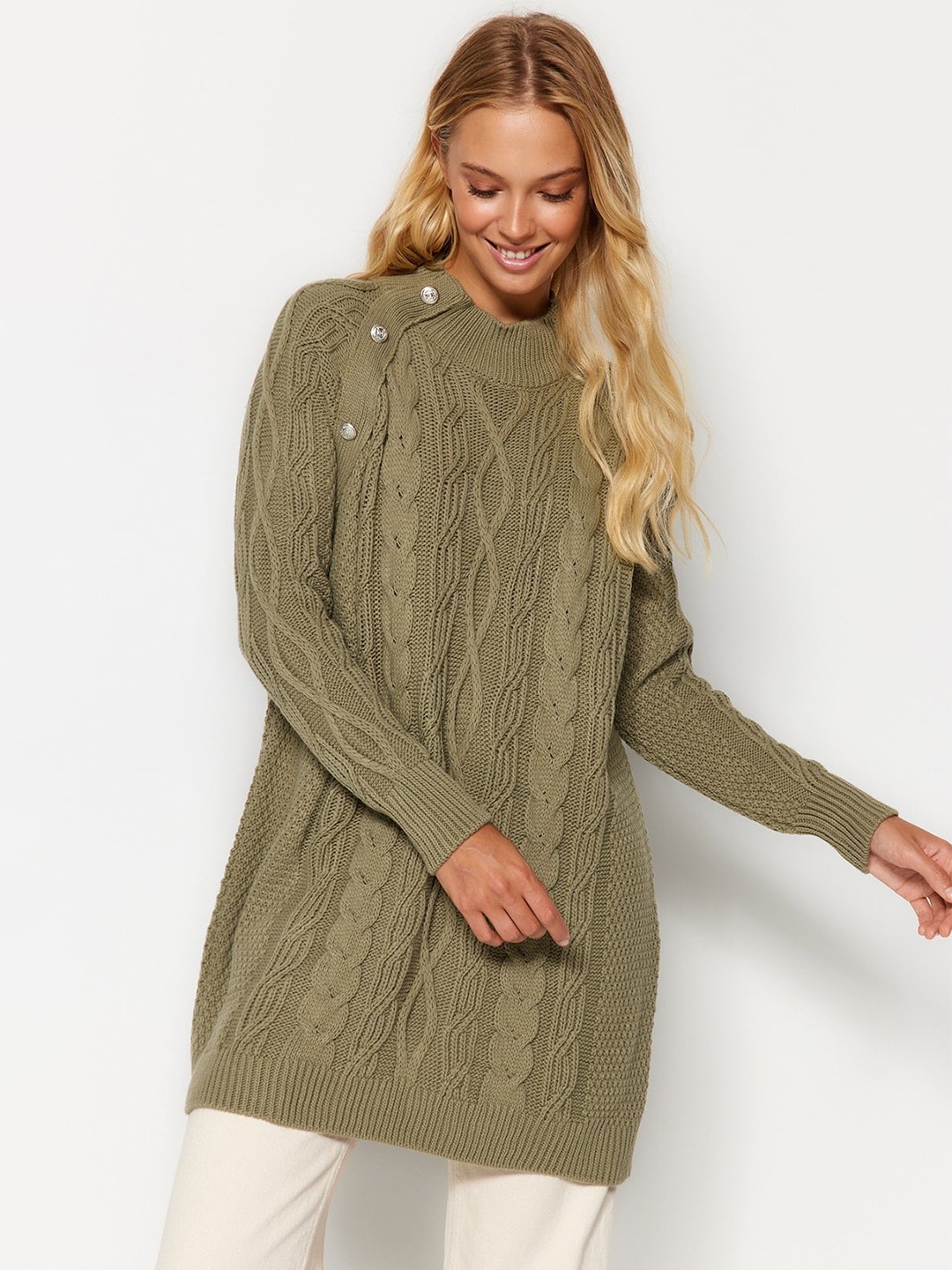 

Trendyol Cable Knit Longline Acrylic Pullover, Green