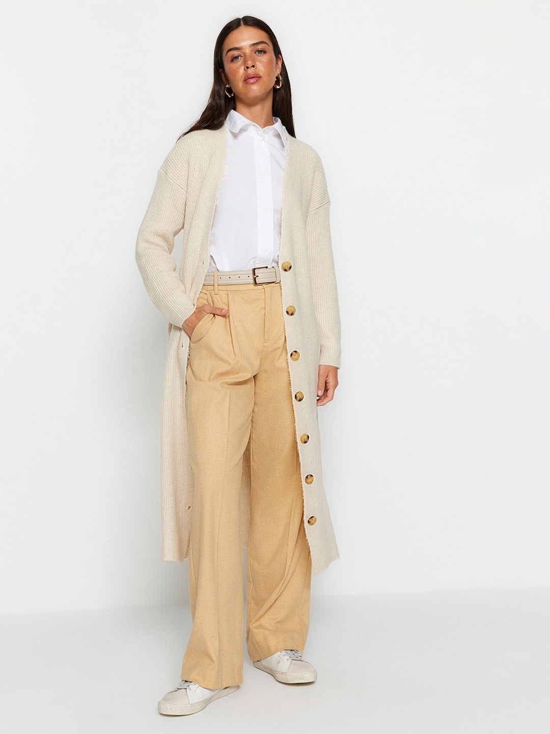 

Trendyol V-Neck Ribbed Longline Cardigan, Beige