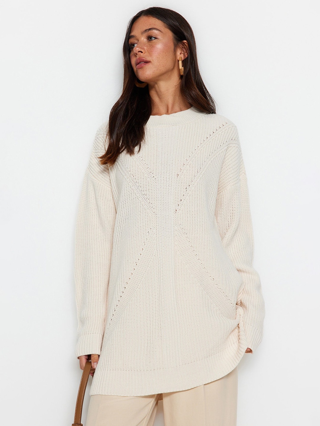 

Trendyol Ribbed & Open Knit Self Design Longline Acrylic Pullover Sweater, Beige