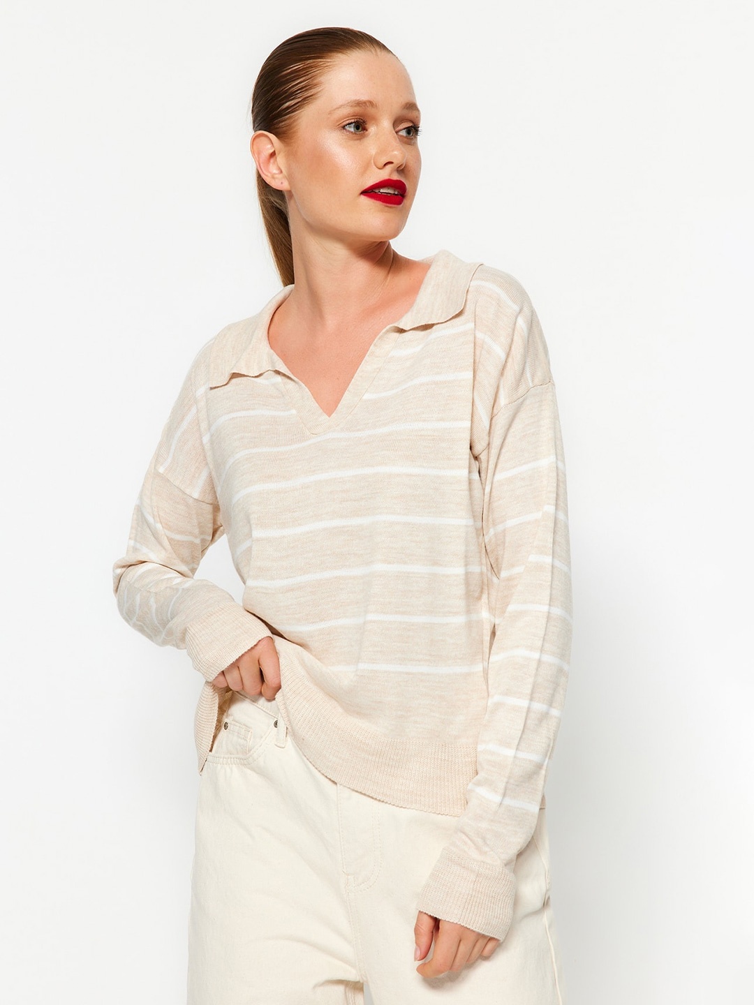 

Trendyol Striped Acrylic Spread Collar Pullover Sweaters, Beige