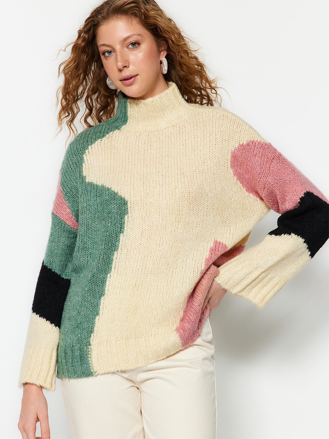 

Trendyol Colourblocked Acrylic Turtle Neck Pullover Sweaters, Cream