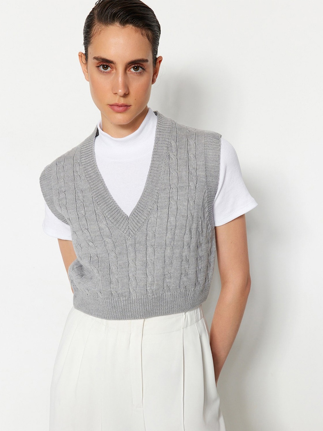 

Trendyol Cable Knit Sweater Vest, Grey