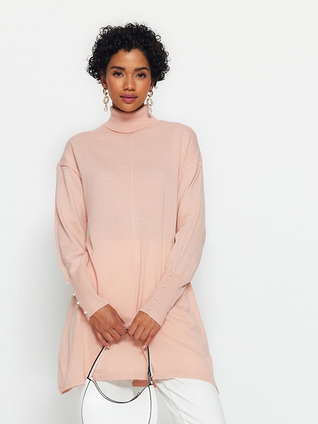 

Trendyol Turtle Neck Long Sleeves Pure Acrylic Longline Pullover Sweaters, Pink