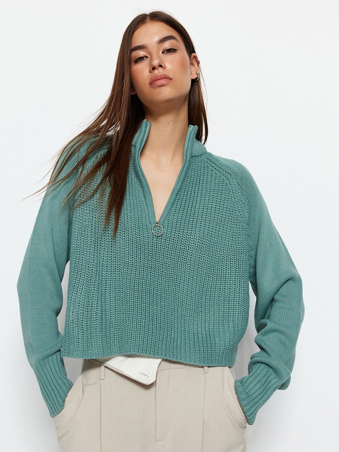 

Trendyol Cable Knit Mock Collar Long Sleeve Zip Detail Acrylic Front-Open Sweaters, Blue