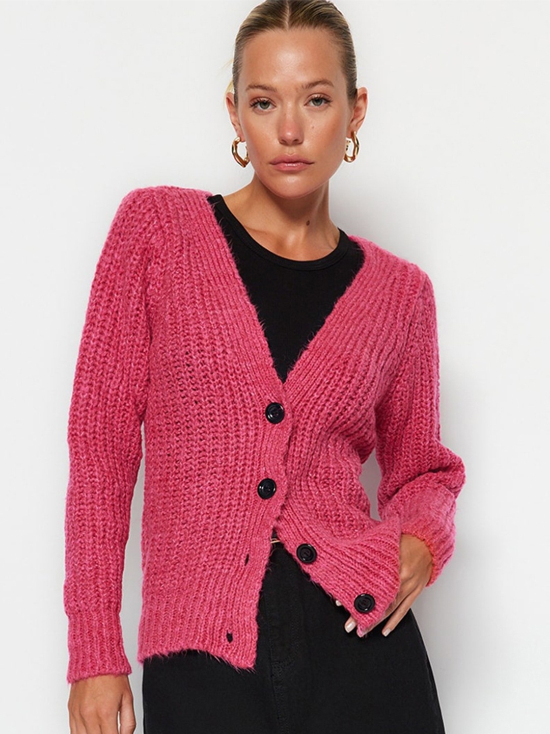 

Trendyol V-Neck Ribbed Cardigan, Pink