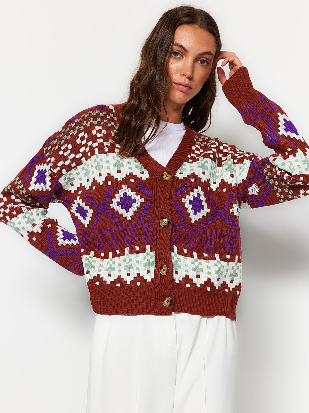 

Trendyol Ethnic Motifs Printed Acrylic Cardigan Sweater, Brown