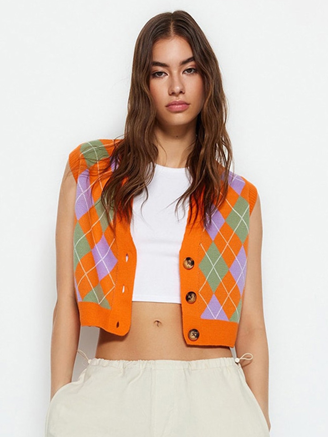 

Trendyol Checked Ribbed Crop Sweater Vest, Orange